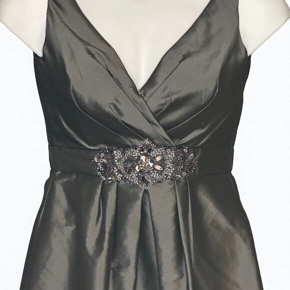 Vintage LAZARO Sleeveless Cocktail Dress Sz 10 Satin Jeweled Wedding Pewter Gray - Picture 3 of 15